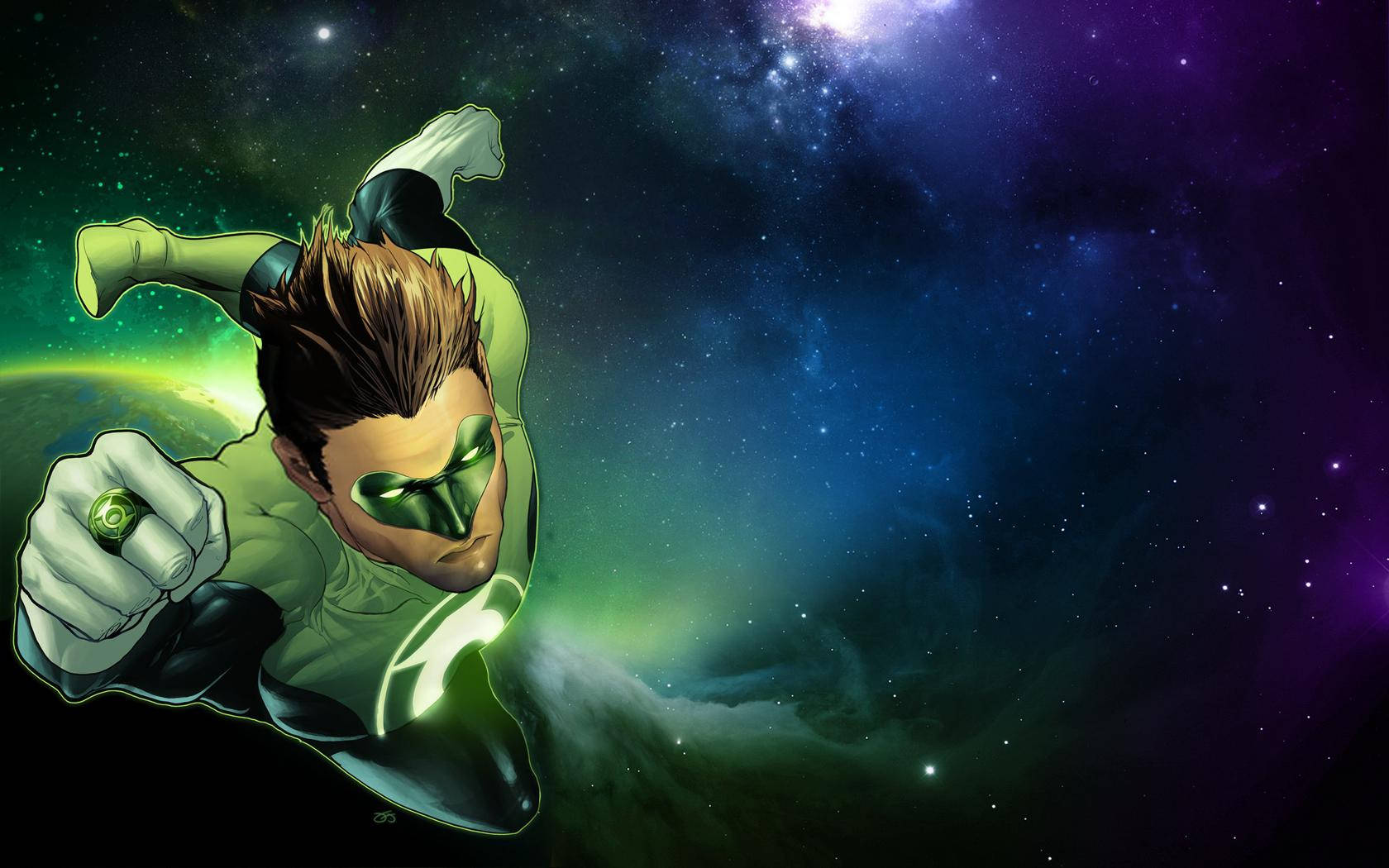 Lantern 桌布 壁紙 — 綠燈俠飛過充滿活力的宇宙星雲，發光的綠色能量跟隨他的套裝。