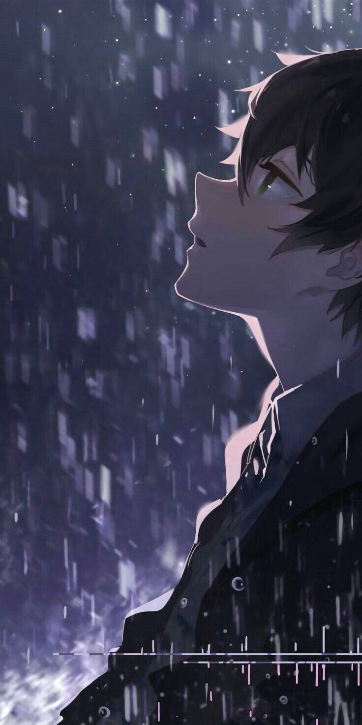 桌布 壁紙 — 綠眼動漫男孩在數位故障效果的星空夜雨下向上凝視。