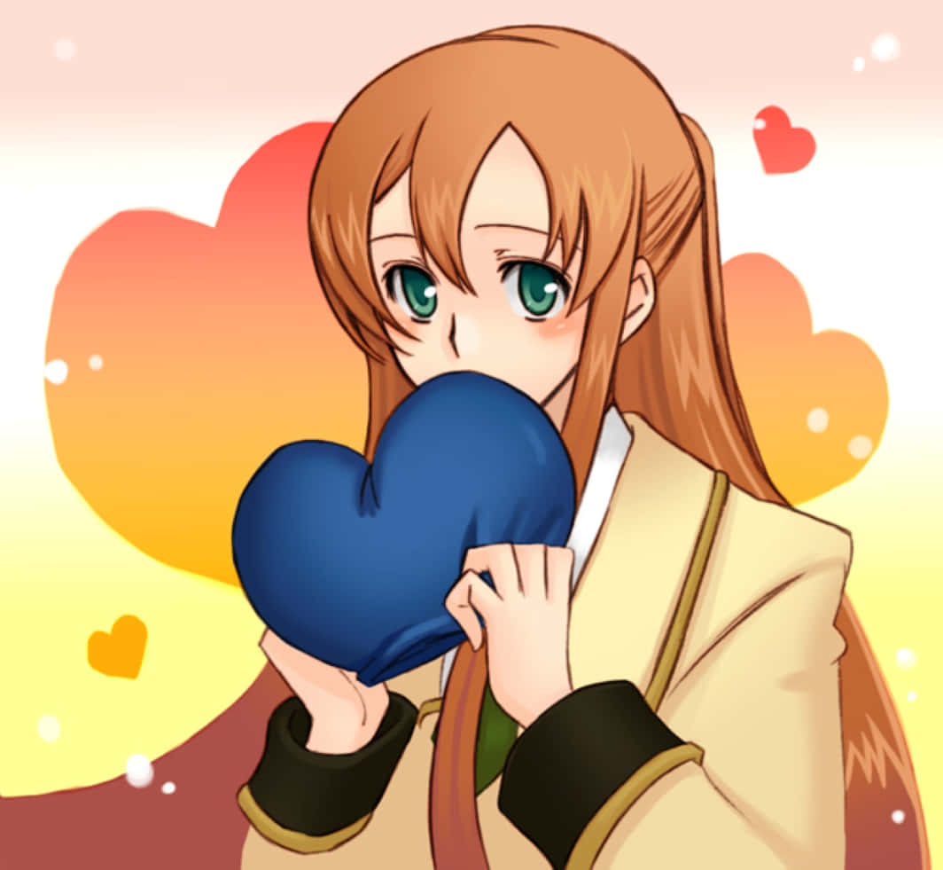 Shirley Fenette 桌布 壁紙 — 綠眼睛、棕色頭髮的動漫女孩，在溫暖漸層背景中抱著一個藍色心形枕頭，周圍有漂浮的心形。