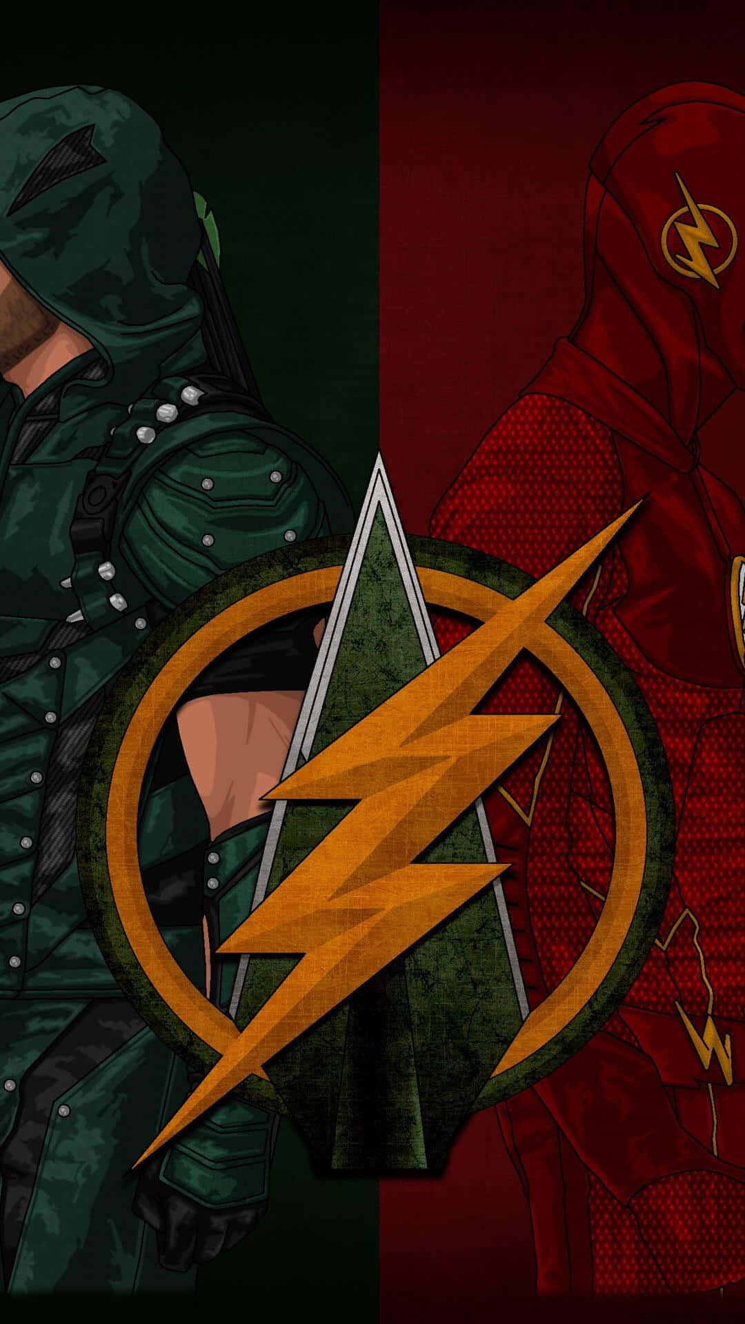 Green Arrow 桌布 壁紙 — 綠箭俠和閃電俠面對面，團隊標誌置於他們中間的分屏插圖。