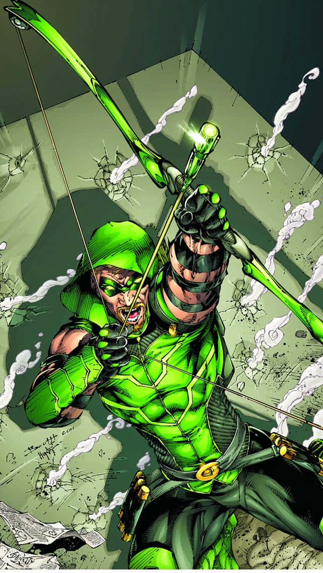 Green Arrow iPhone 桌布 壁紙 — 綠箭俠專注地瞄準他發光的綠色弓，身後的能量爆炸使牆壁裂開。