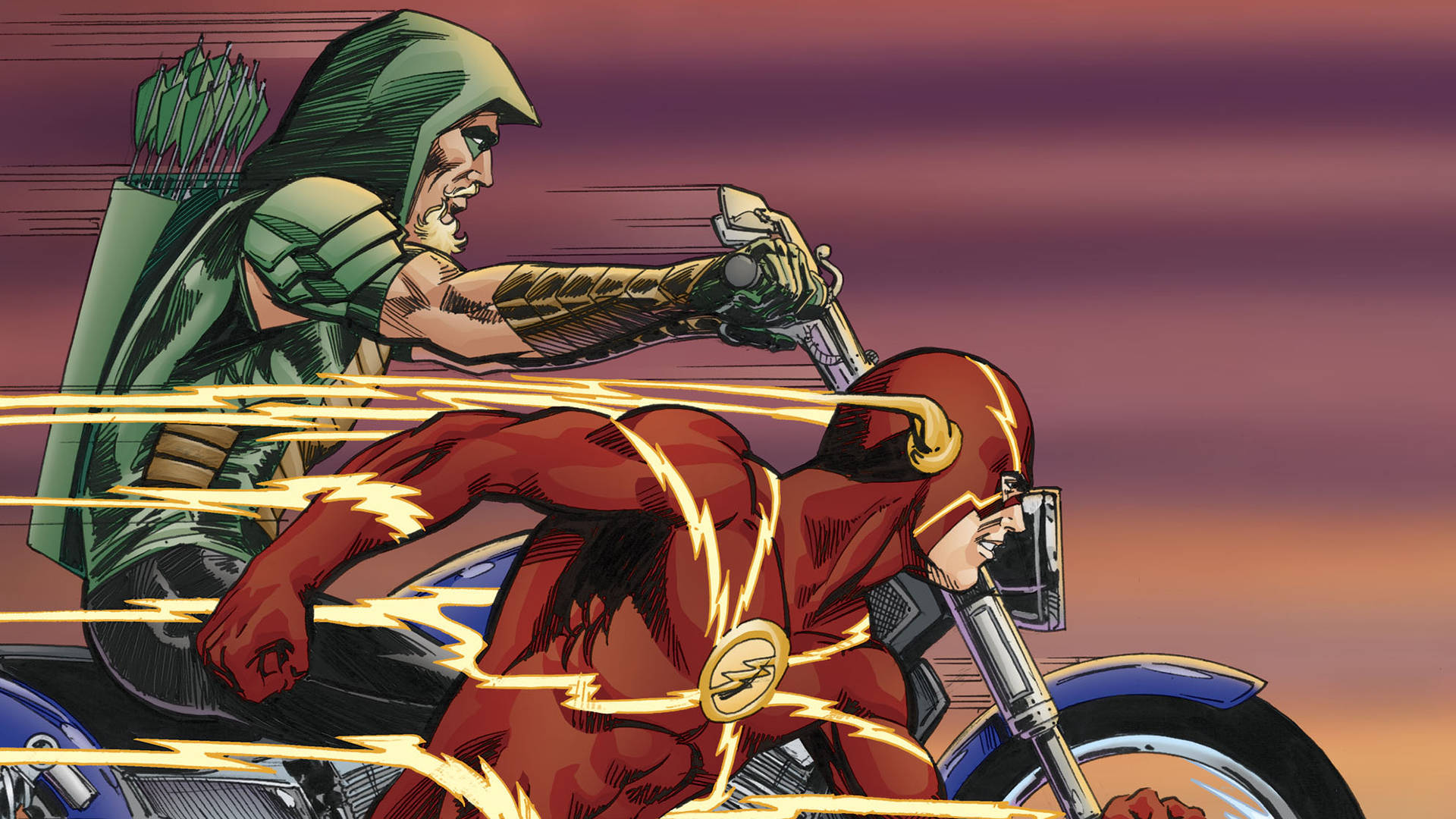 Green Arrow 桌布 壁紙 — 綠箭俠拉弓瞄準在紫色夕陽天空下騎摩托車疾馳的閃電俠。