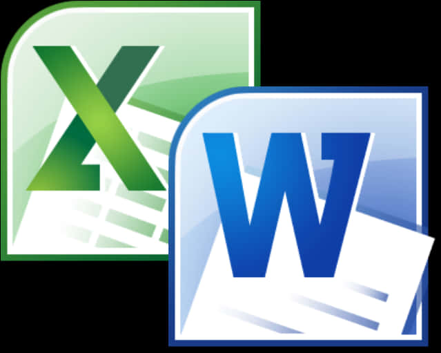 microsoft 桌布 壁紙 — 綠色 Excel 和藍色 Word 圖示在帶有微妙漸變效果的黑色背景上重疊。