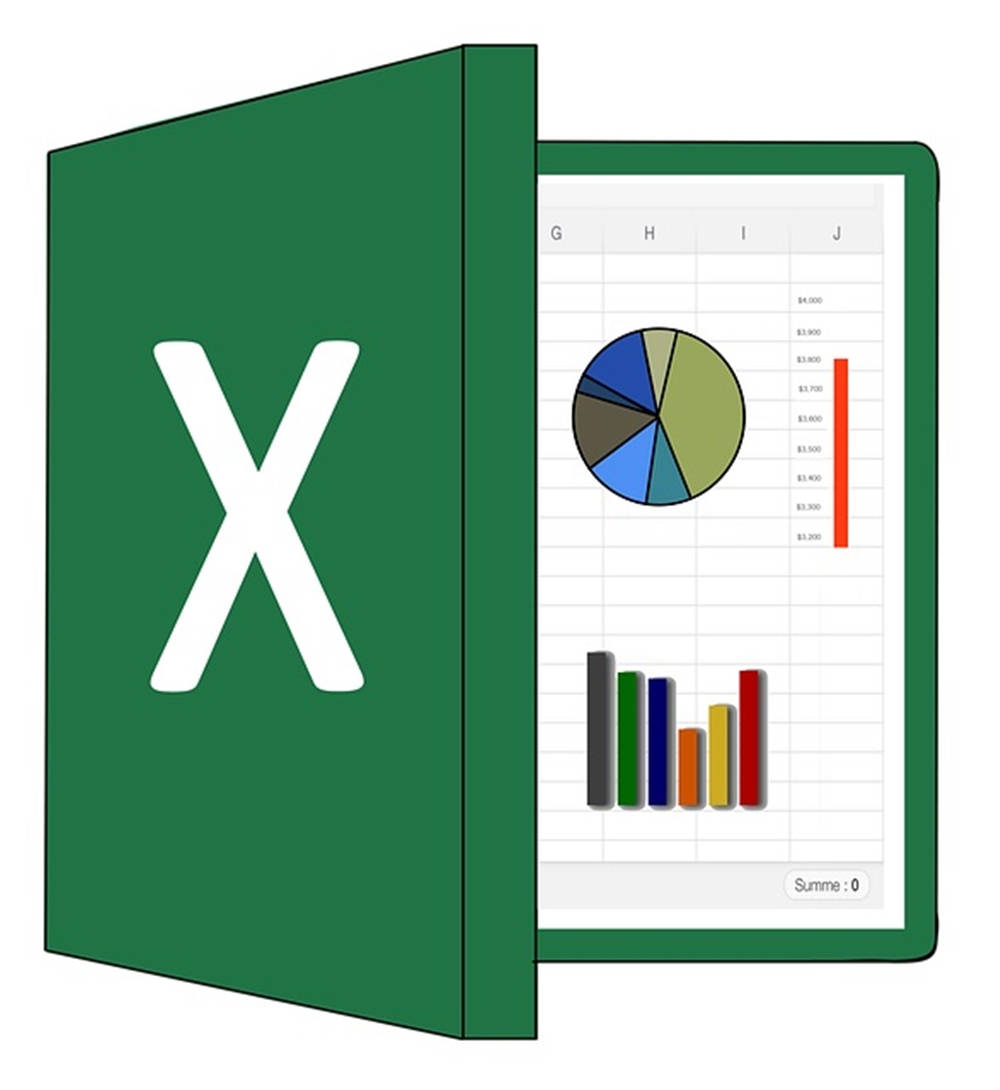 綠色 Excel 圖示在試算表上顯示圓形圖和條形圖。 — Microsoft 壁紙