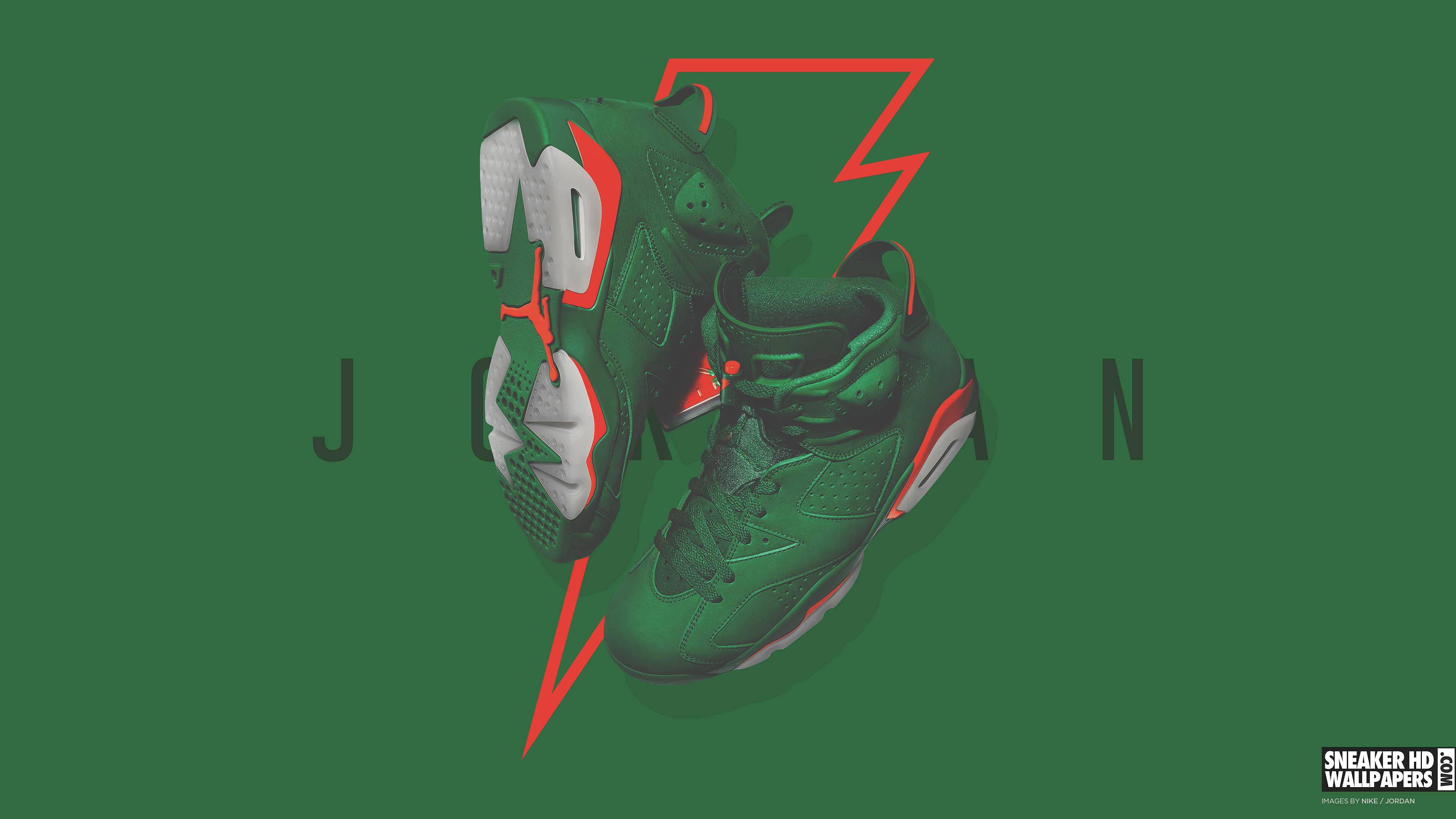 Green Shoes 桌布 壁紙 — 綠色 Jordan 6 運動鞋，在純綠色背景上帶有紅色閃電圖案。