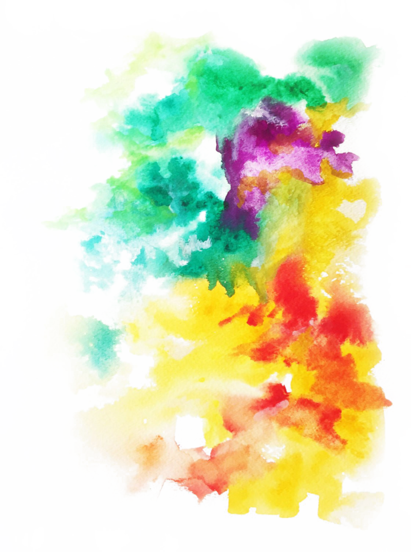 彩色動圖 桌布 壁紙 — 綠色、紫色、黃色和紅色的鮮豔水彩潑濺，在帶有粗糙黑色邊緣的純白色背景上動態融合。