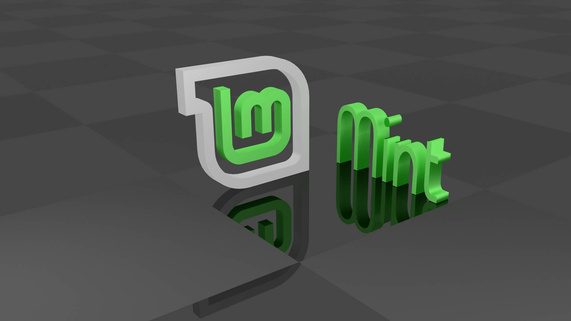 Linux 桌布 壁紙 — 綠色3D Mint標誌和圖示放置在帶有反射表面和柔和陰影的深色棋盤格地板上。