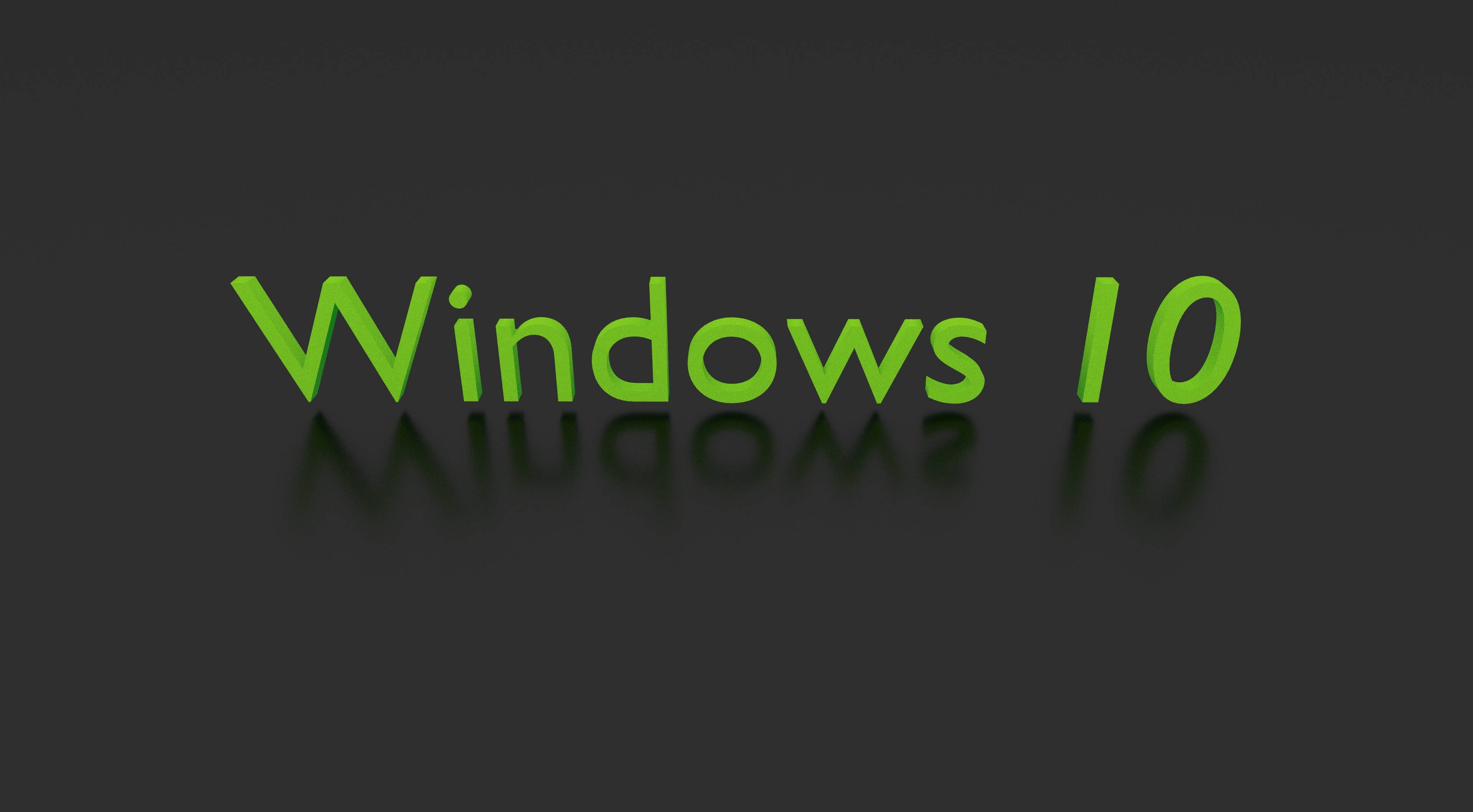 Windows 10 高畫質 桌布 壁紙 — 綠色3D Windows 10文字在深灰色表面上帶有反射效果。