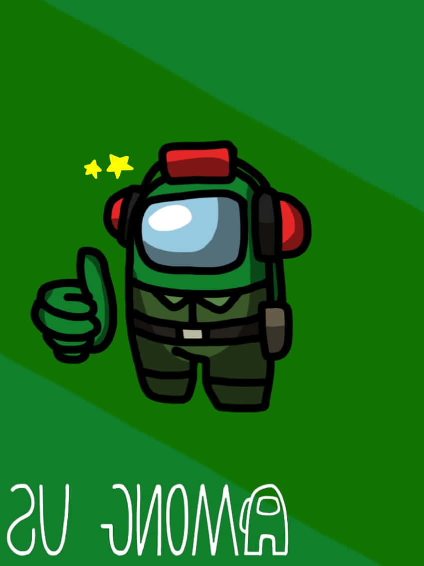 Among US Character 桌布 壁紙 — 綠色Among Us船員在綠色漸變背景上豎起大拇指，帶有閃光。