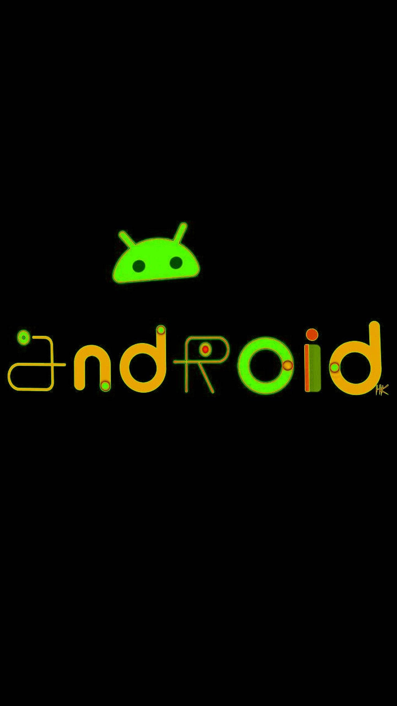 Developer 桌布 壁紙 — 綠色Android吉祥物和標誌在純黑色背景上明亮發光。
