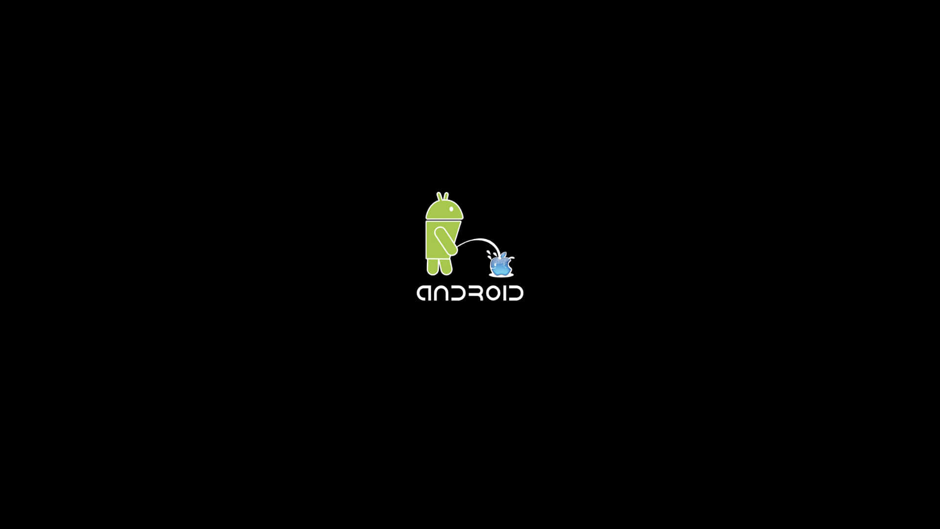Apple Android 桌布 壁紙 — 綠色Android吉祥物圖標在黑色背景上小便藍色液體，下方有白色文字。