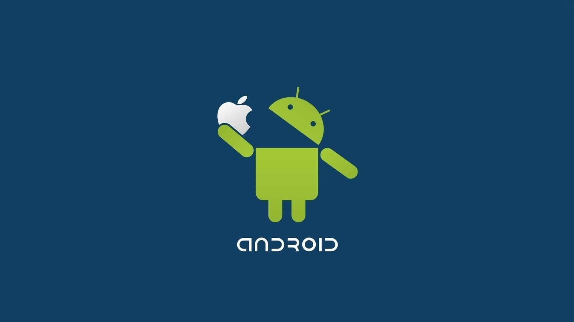 安卓 桌布 壁紙 — 綠色Android吉祥物在深藍色背景上手持白色Apple標誌，下方有'ANDROID'文字。