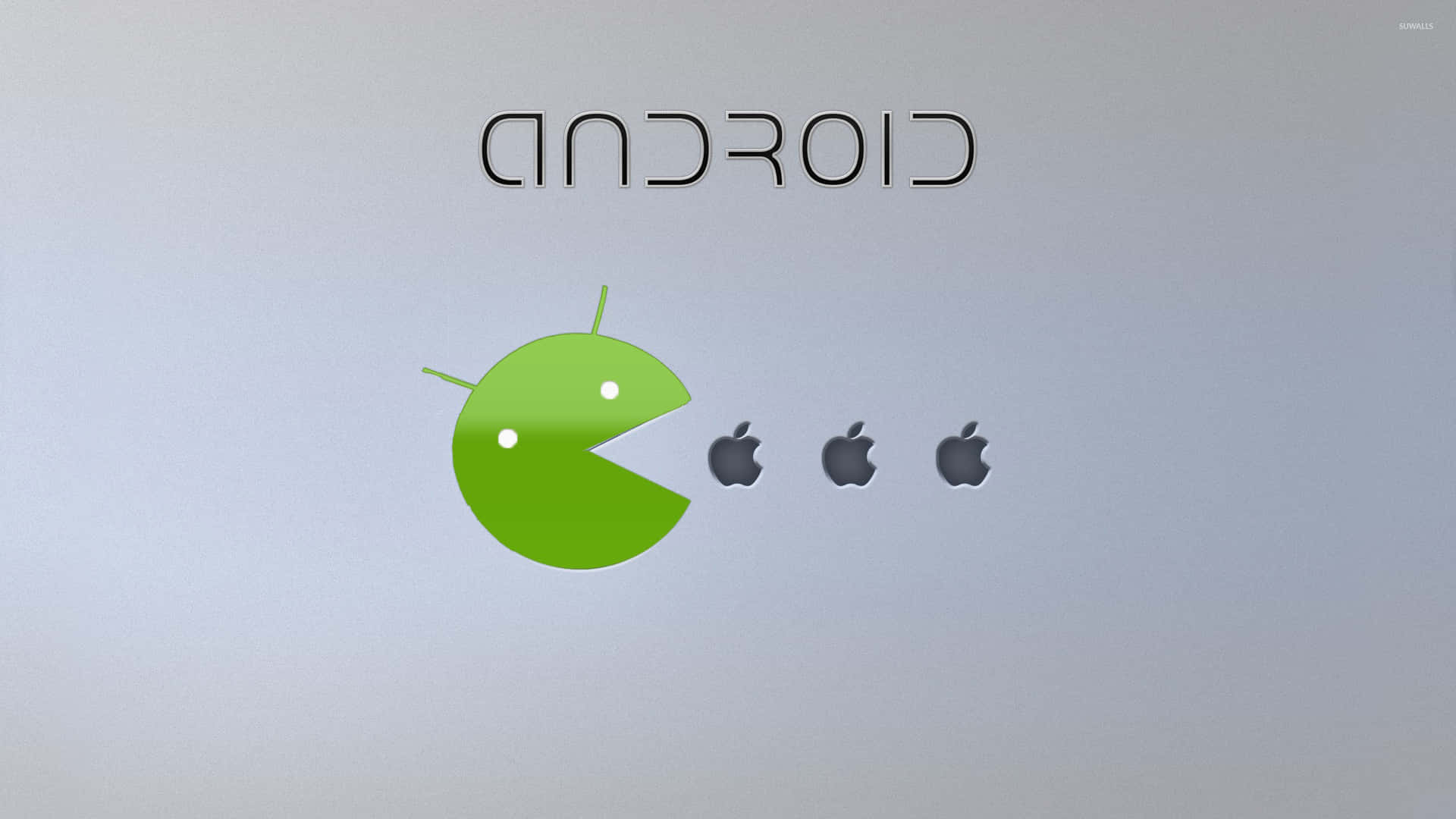 Apple Android 桌布 壁紙 — 綠色Android吉祥物在淺灰色背景上咀嚼三個Apple標誌，上方有'ANDROID'文字。