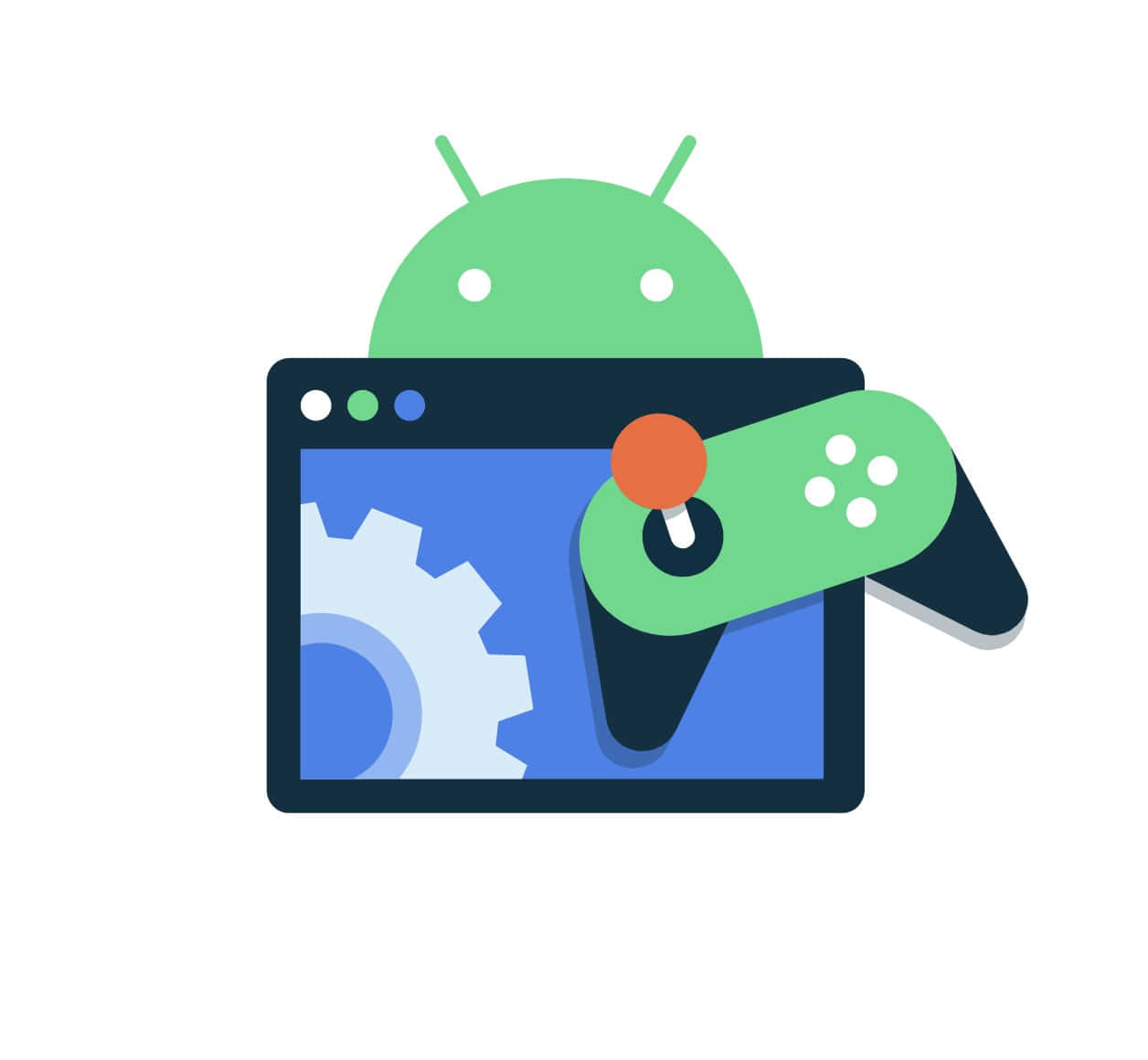 安卓 桌布 壁紙 — 綠色Android吉祥物從平板電腦後面窺視，平板電腦顯示齒輪圖示，上面放著遊戲控制器。