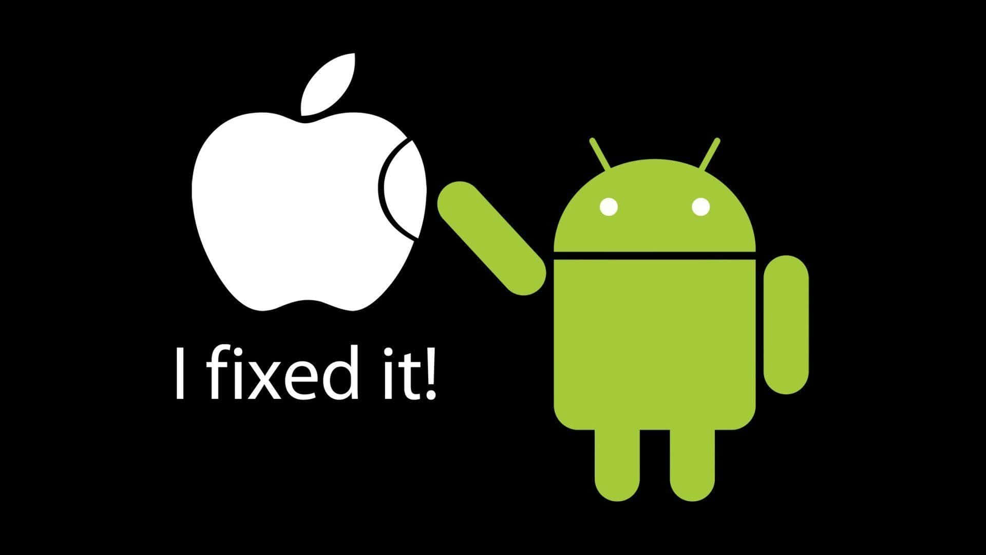 Apple Android 桌布 壁紙 — 綠色Android吉祥物拿著扳手，指向白色Apple標誌，上面有文字I fixed it，背景為黑色。