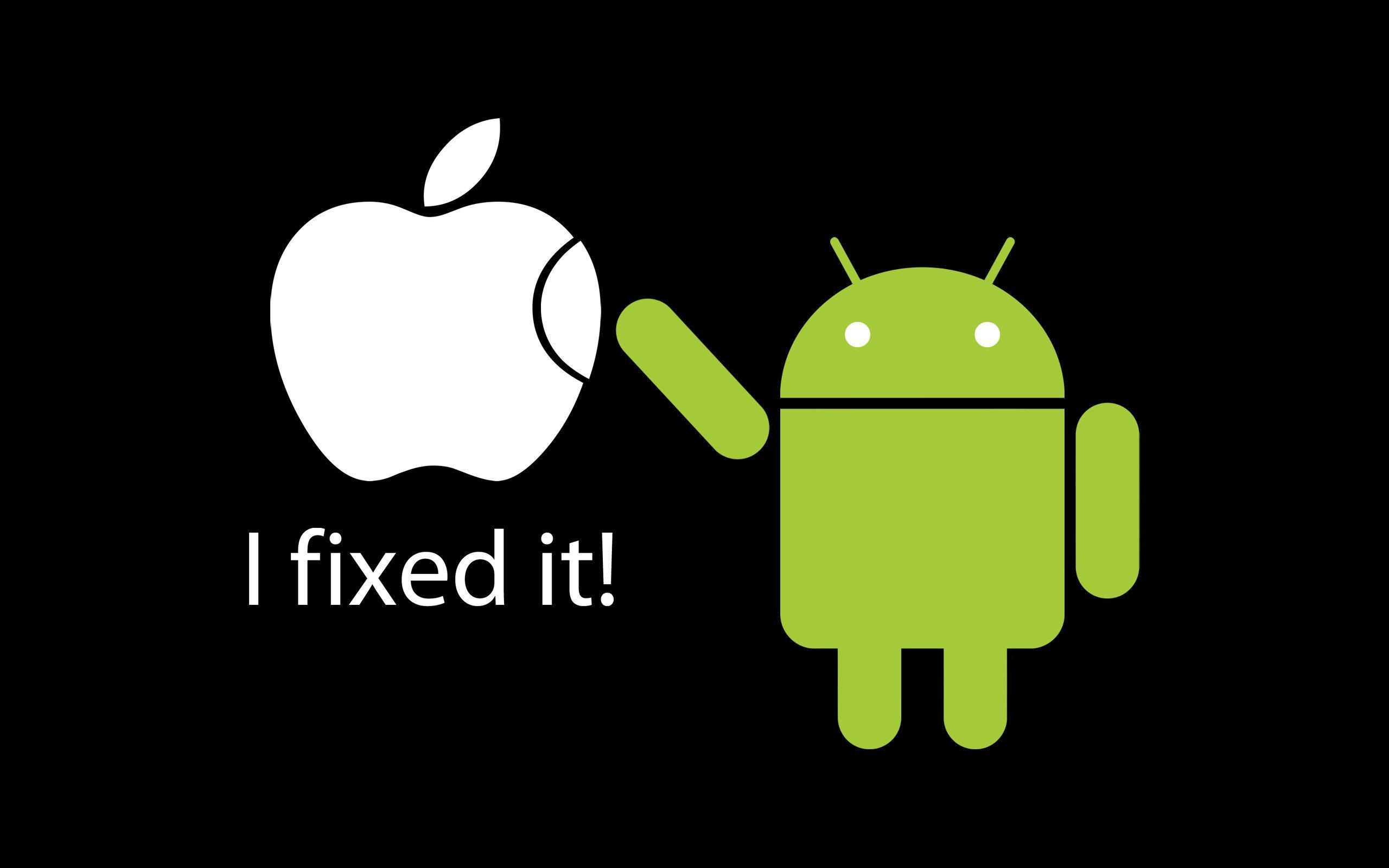 搞笑 桌布 壁紙 — 綠色Android吉祥物拿著扳手，指向一個破裂的白色Apple標誌，上面有文字I fixed it!
