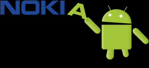 安卓手機 桌布 壁紙 — 綠色Android吉祥物指向黑色背景上的藍色Nokia標誌。