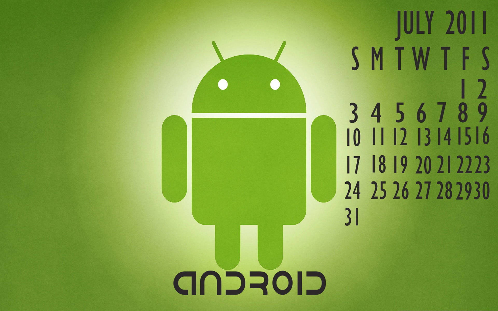 Android Desktop 桌布 壁紙 — 綠色Android吉祥物站在綠色漸變背景中央，旁邊是2011年7月的日曆。