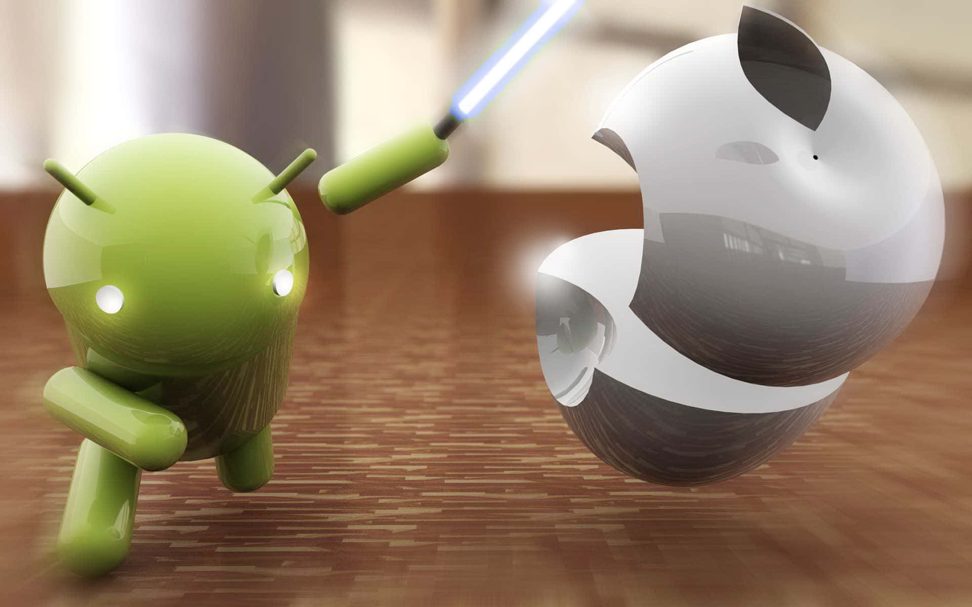 Apple Android 桌布 壁紙 — 綠色Android吉祥物與白色Apple標誌人物在木地板上用發光藍色光劍決鬥。