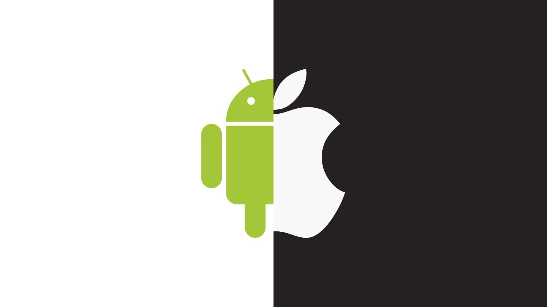 Apple Android 桌布 壁紙 — 綠色Android機器人從白色一側窺視，旁邊是白色Apple標誌，背景為黑色。