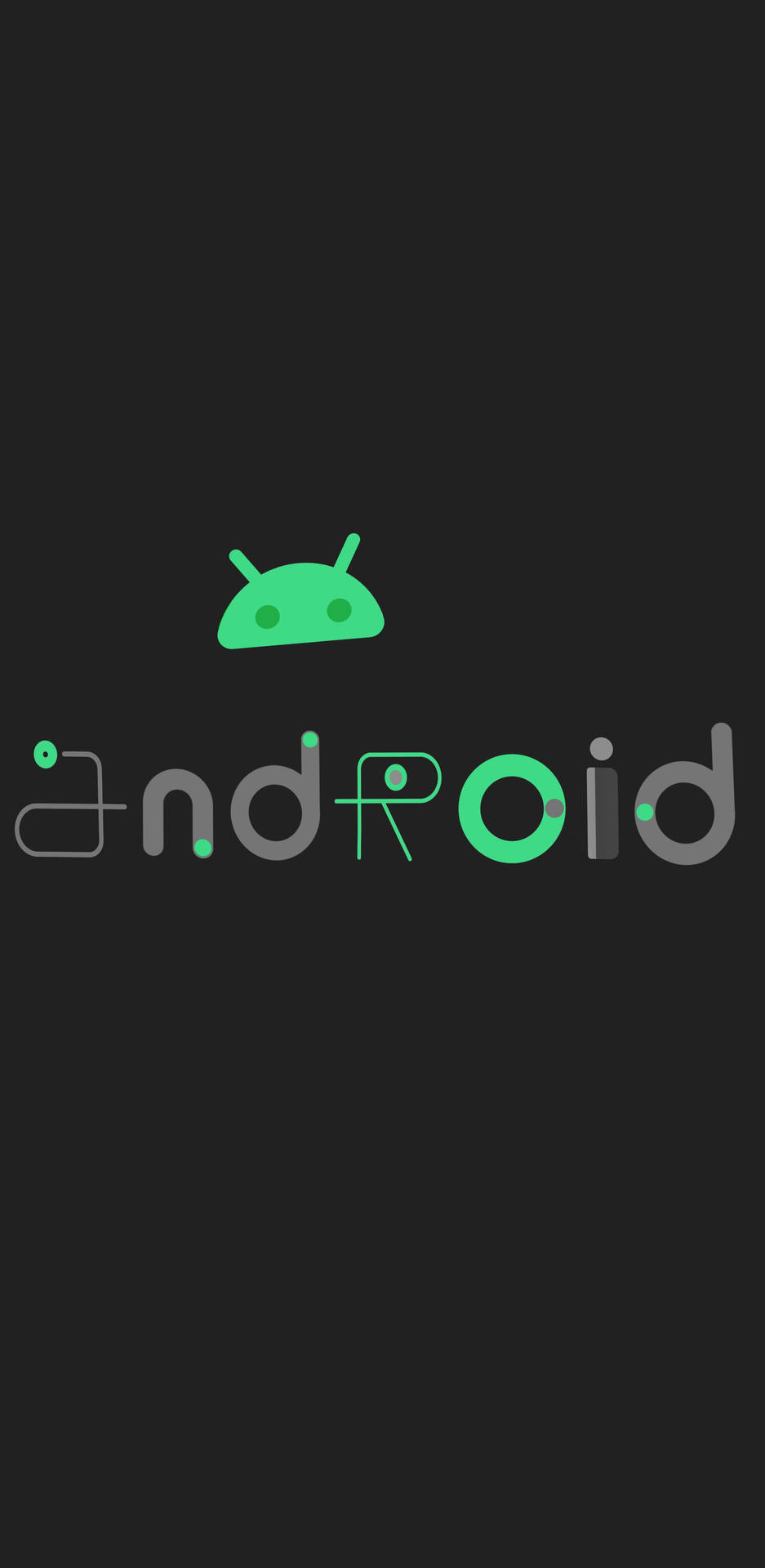 深色背景上帶有文字的綠色Android機器人標誌。