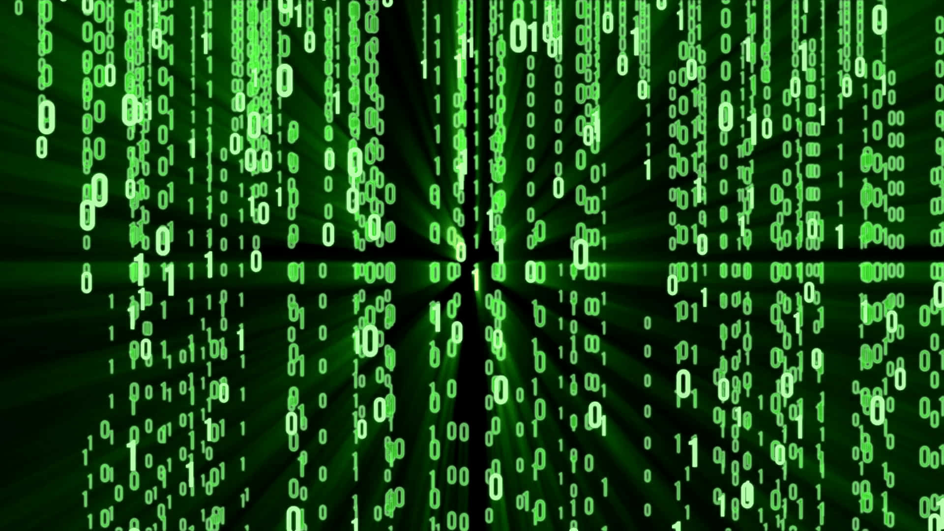 Hacking 桌布 壁紙 — 綠色二進制代碼流在黑暗背景上對角線級聯，帶有輻射光束。