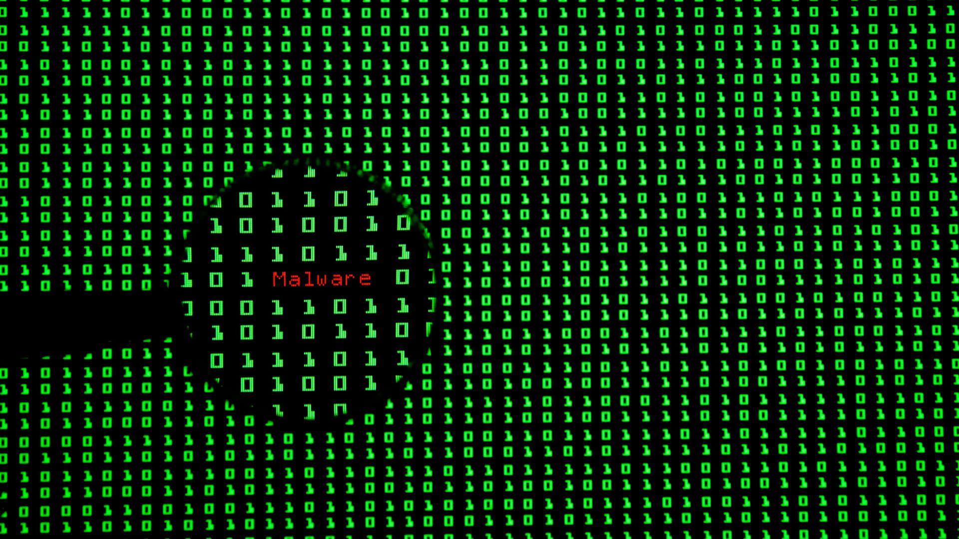 Code 桌布 壁紙 — 綠色二進制代碼的數位矩陣，中央有紅色「Malware」警告發光。
