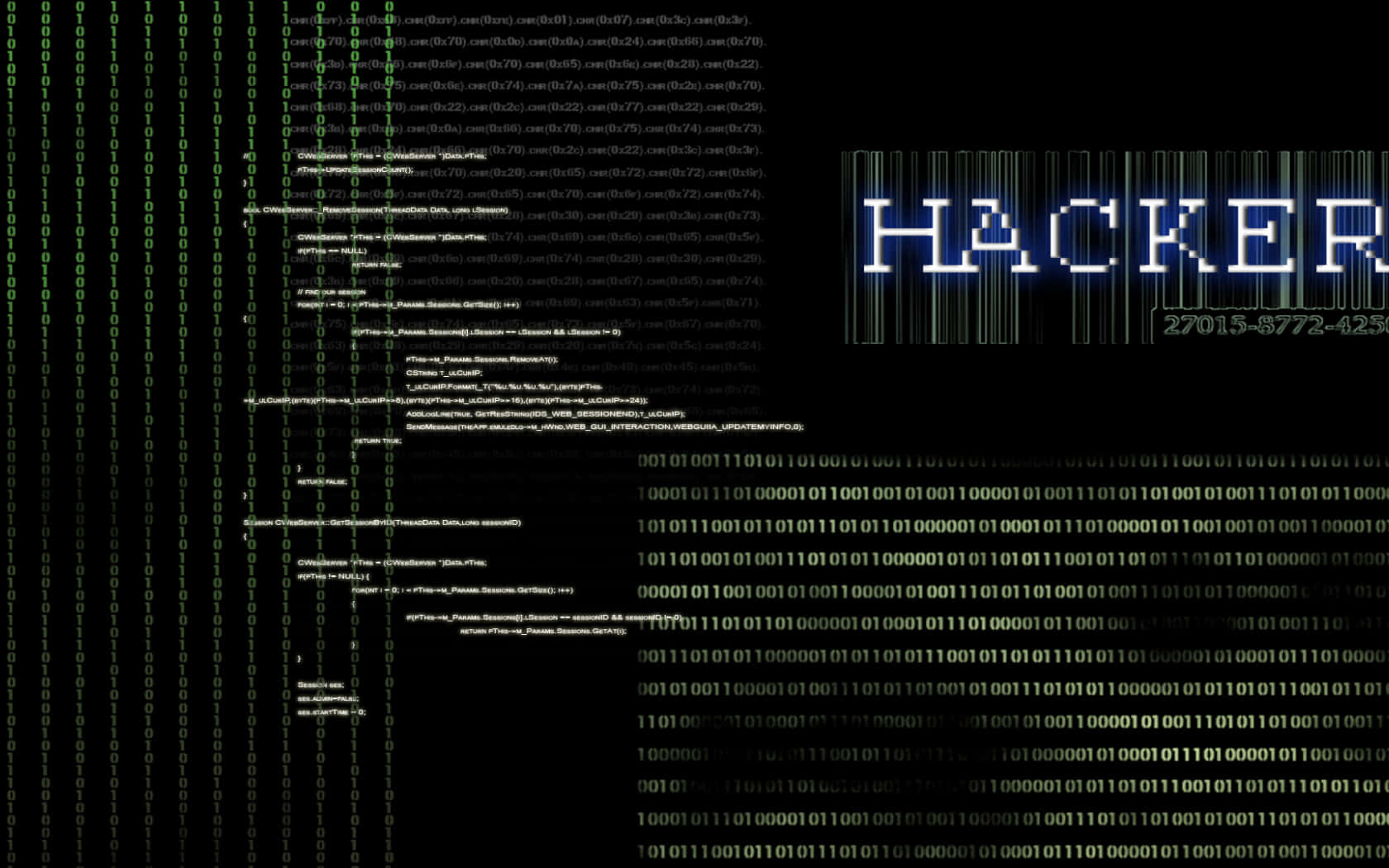 Dark Web 桌布 壁紙 — 綠色代碼的數位雨在黑色螢幕上傾瀉而下，覆蓋在發光的藍色駭客文字和二進制數字之上。
