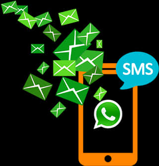WhatsApp 桌布 壁紙 — 綠色信封圖標從顯示 WhatsApp 和 SMS 氣泡的橙色智慧型手機中爆發出來，背景為黑色。