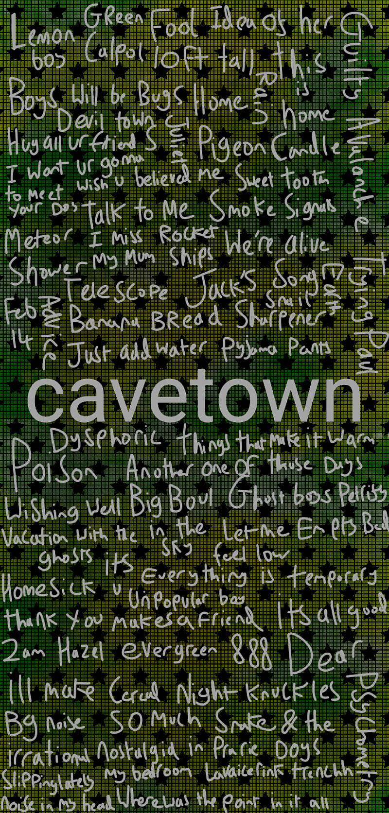 Cavetown 桌布 壁紙 — 綠色像素化背景，白色手寫歌曲標題和歌詞形成密集的文字拼貼，圍繞著「cavetown」一詞。