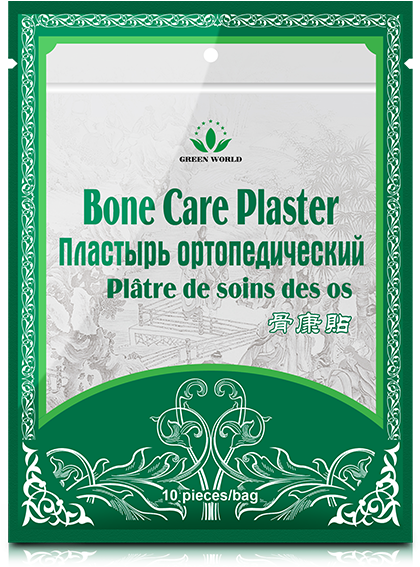 Product 桌布 壁紙 — 綠色包裝的骨骼護理貼布，帶有多語言文字和華麗的白色花卉邊框。