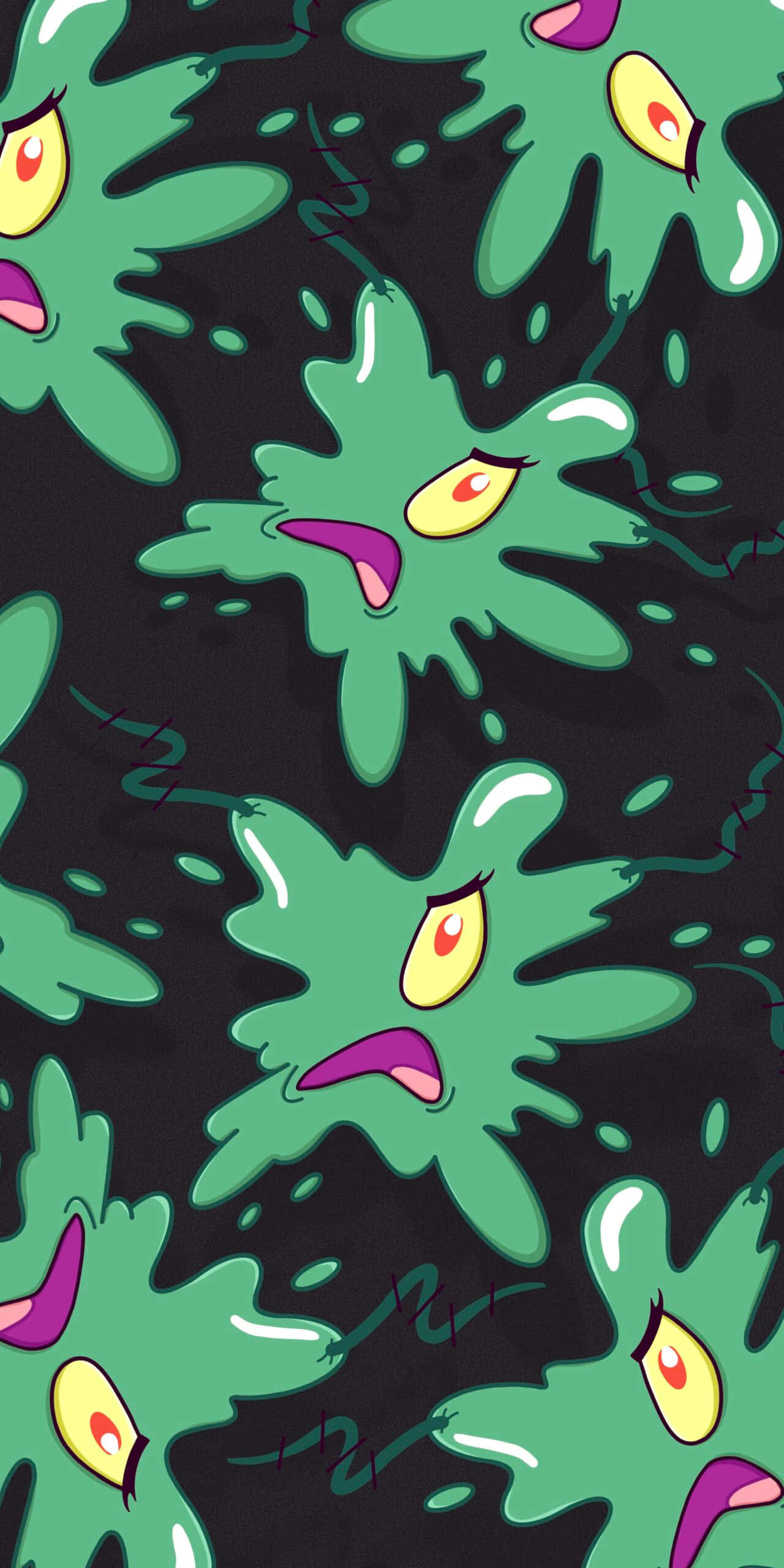plankton 桌布 壁紙 — 綠色卡通史萊姆塊，有黃色眼睛和粉紅色嘴巴，在深色背景上以重複圖案飛濺。