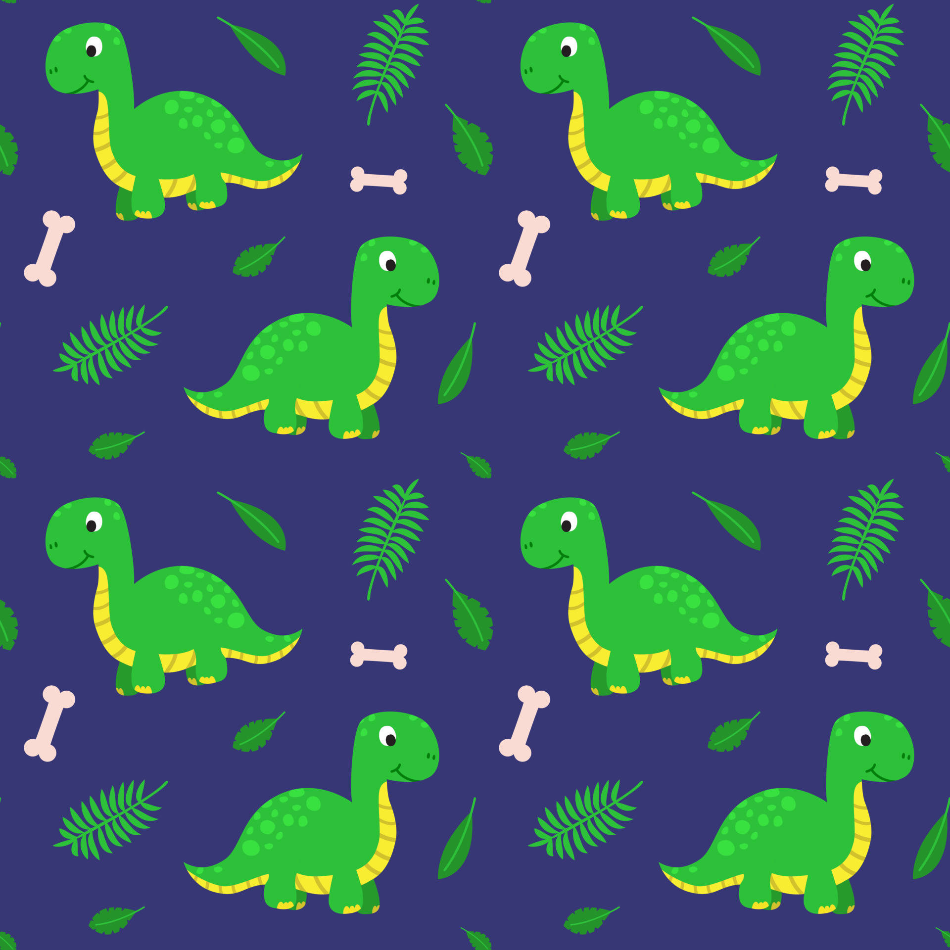 Funny Dinosaur 桌布 壁紙 — 綠色卡通恐龍，帶有黃色點綴和蕨類骨頭，散落在深藍色背景上。