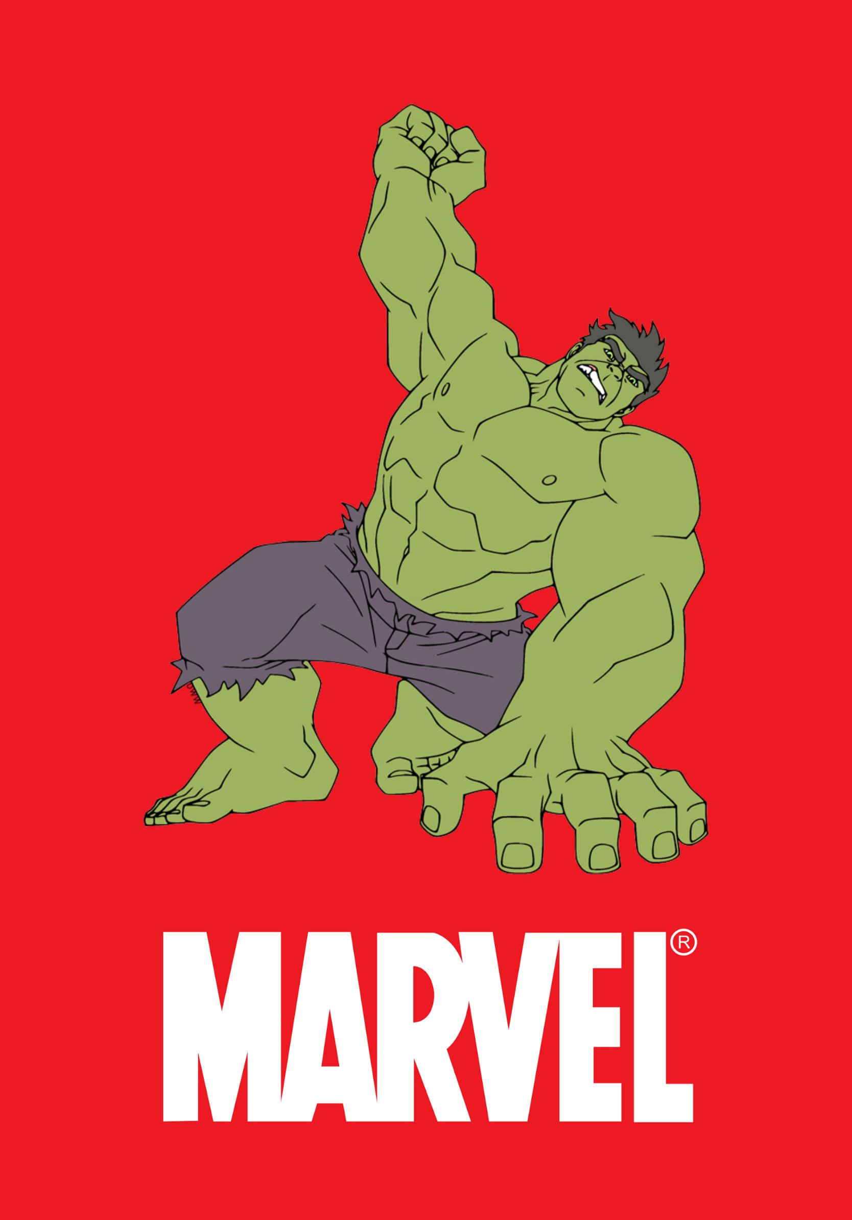 Best Marvel 桌布 壁紙 — 綠色卡通浩克穿著紫色褲子，在帶有白色Marvel標誌的純紅色背景上舉起拳頭。