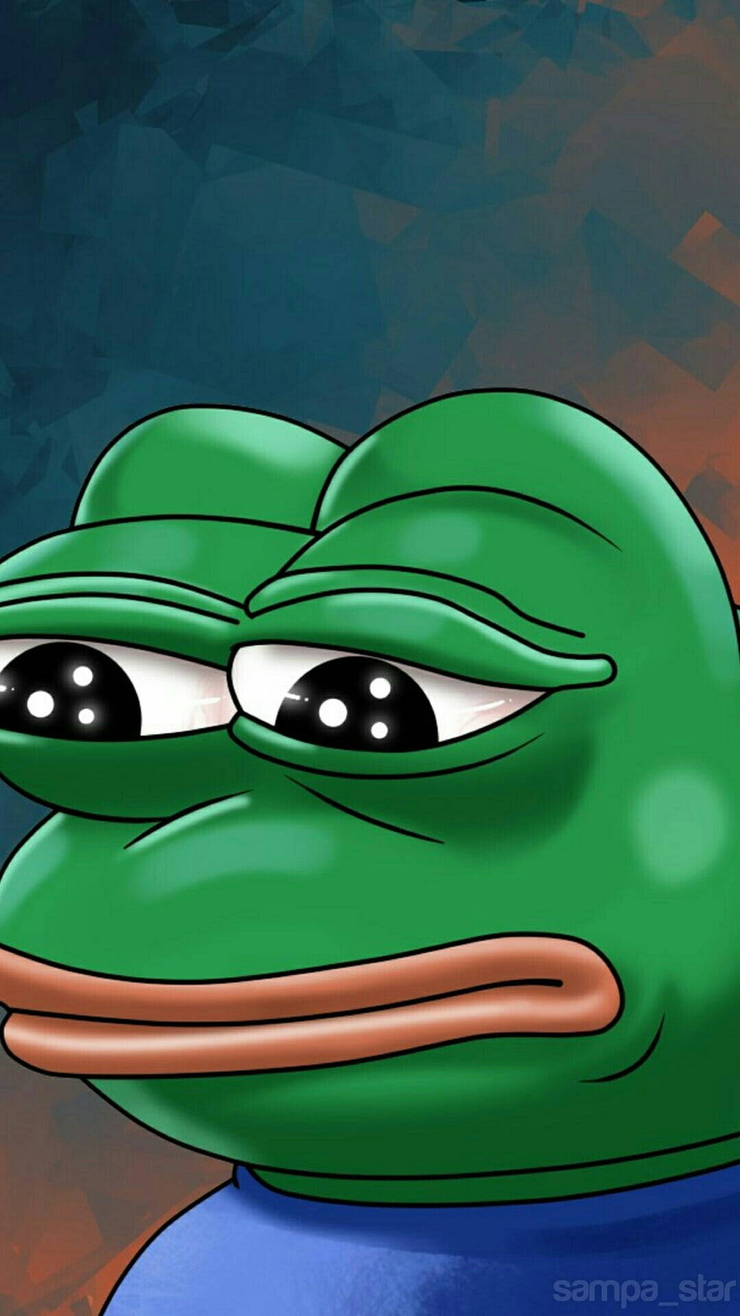iPhone 桌布 壁紙 — 綠色卡通青蛙Pepe the Frog的近距離特寫，眼睛下垂，表情悲傷，背景為深色抽象圖案。