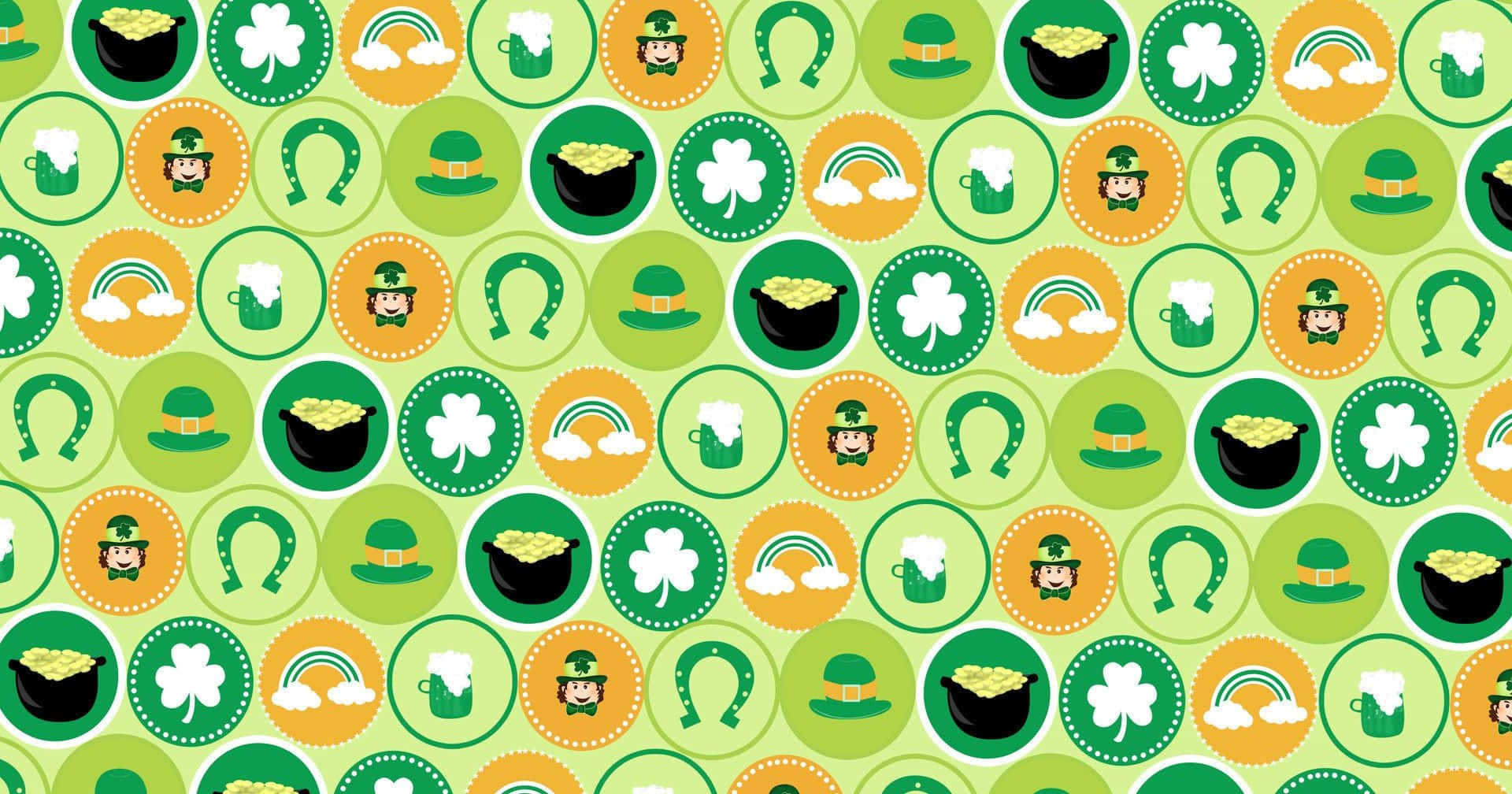 Saint Patricks Day 桌布 壁紙 — 綠色和橙色圓圈中重複出現聖派翠克節圖標，如金鍋、彩虹和小妖精。
