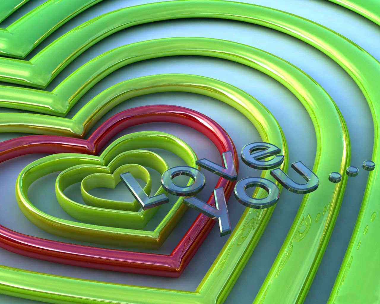 3d Love 桌布 壁紙 — 綠色和紅色的閃亮3D心形圍繞金屬質感的「love you」文字旋轉，帶有光澤反射。