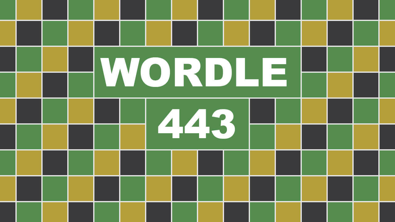 Wordle 桌布 壁紙 — 綠色和金色的網格圖案，粗體白色文字「WORDLE 443」顯眼地居中顯示。