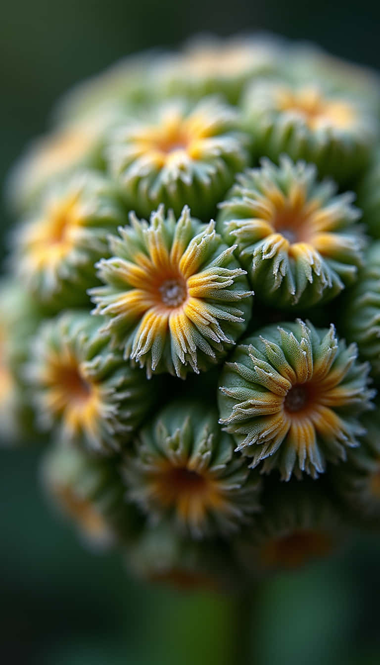 花卉 桌布 壁紙 — 綠色和黃色星形花朵球狀簇的微距特寫，帶柔和散景背景。