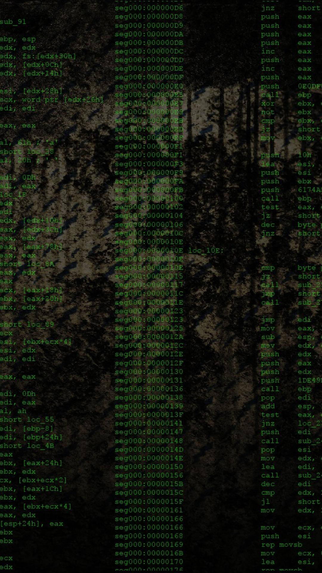 programming iPhone 桌布 壁紙 — 綠色單色組合語言代碼在黑色背景上垂直滾動的特寫。