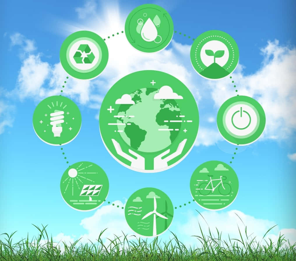 Green Technology 桌布 壁紙 — 綠色圓形圖標顯示環保符號，環繞著被雙手捧著的地球，背景是藍天、白雲和草地。