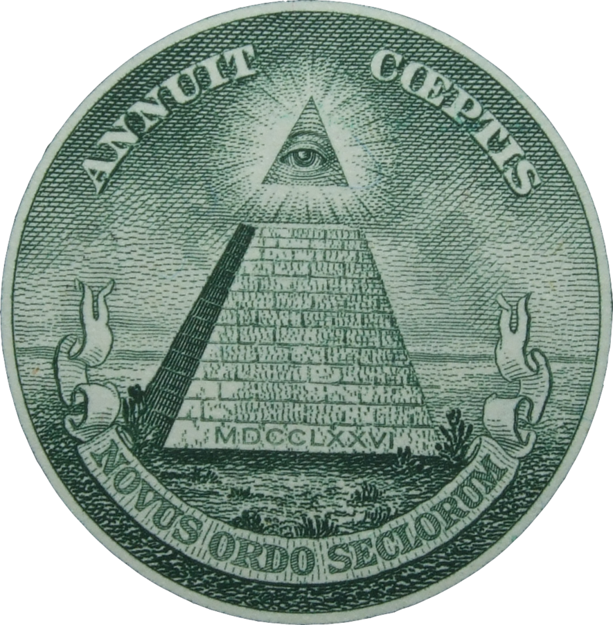illuminati 桌布 壁紙 — 綠色墨水印刷的美元鈔票背面設計，金字塔頂端有全視之眼，帶有拉丁文銘文和兩側火炬。
