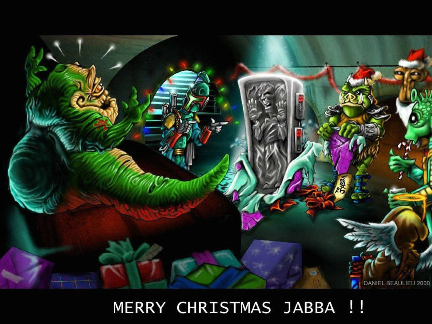 Star Wars Christmas 桌布 壁紙 — 綠色外星人Jabba the Hutt在充滿禮物和裝飾的節日聖誕場景中休息，而其他外星人在他周圍慶祝。