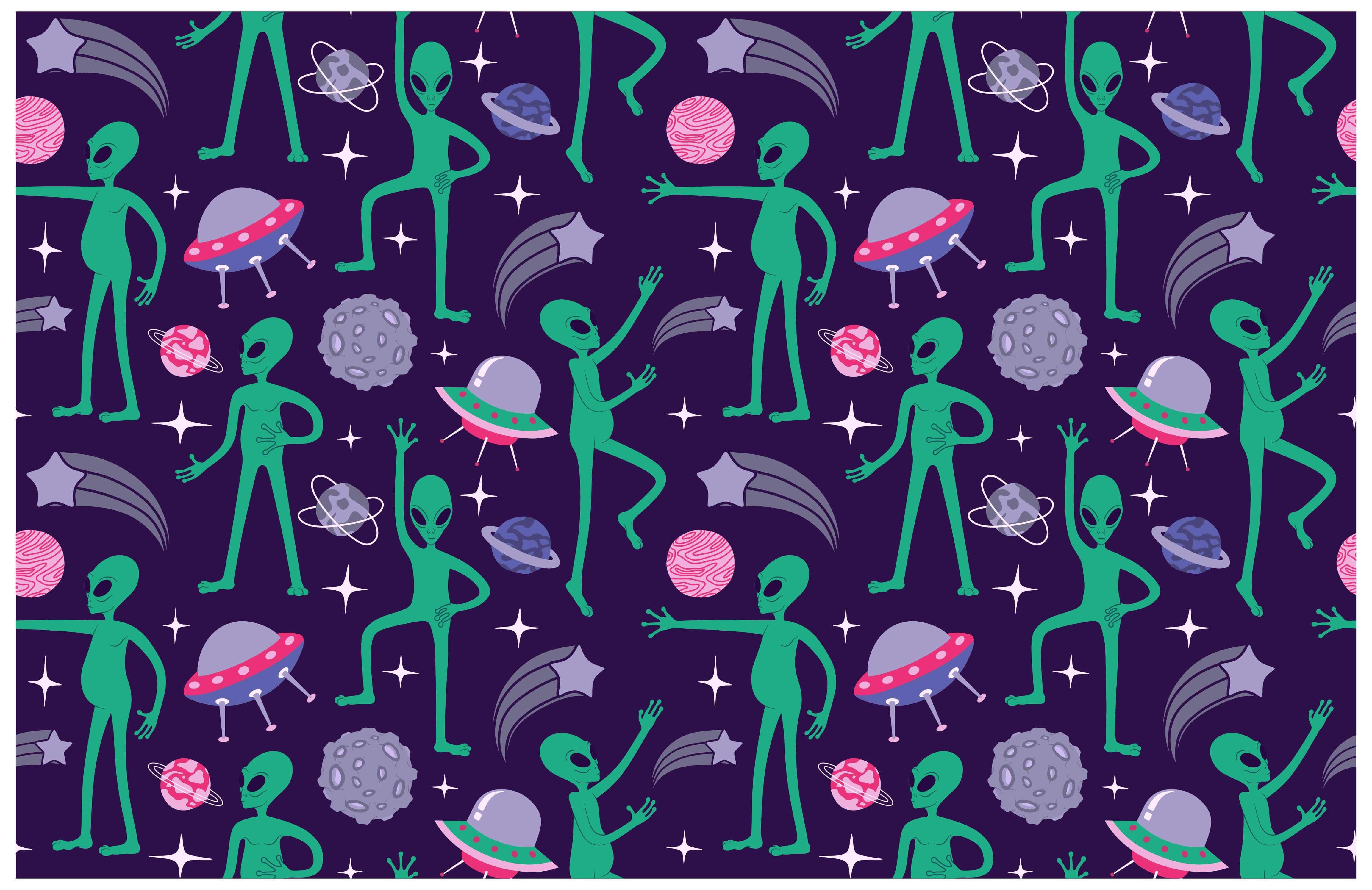 Kawaii Space 桌布 壁紙 — 綠色外星人在深紫色宇宙背景中與UFO、行星和星星共舞。
