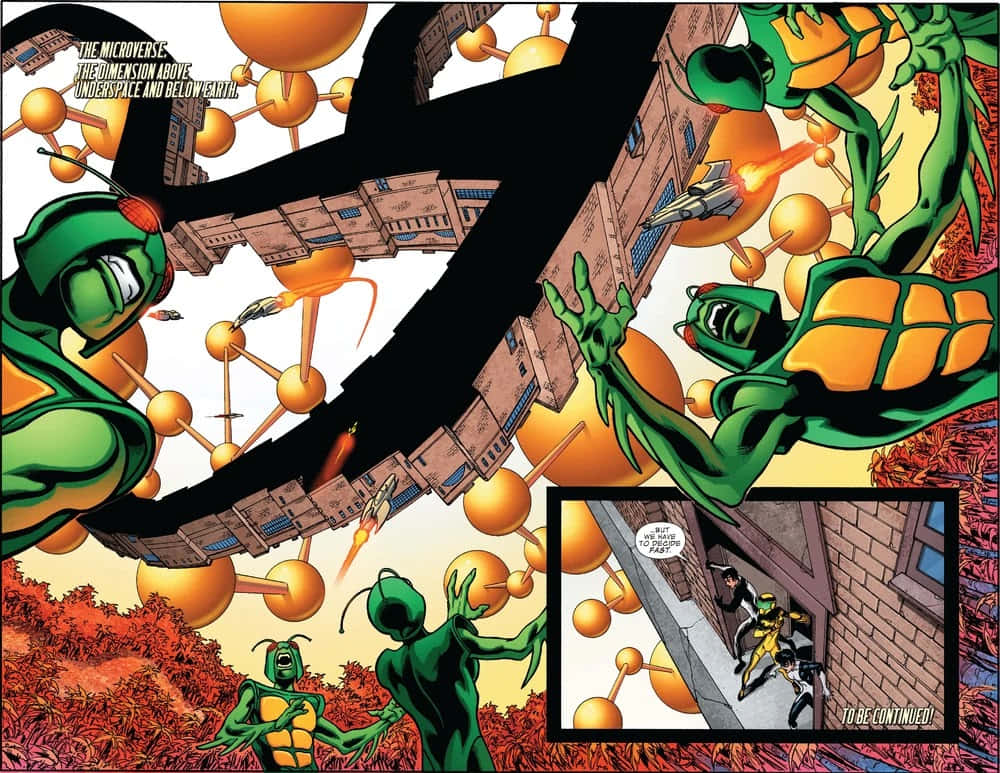 Quantum Realm 桌布 壁紙 — 綠色外星烏龜在一個超現實的微觀宇宙中戰鬥，其中有漂浮的建築物和原子球體。
