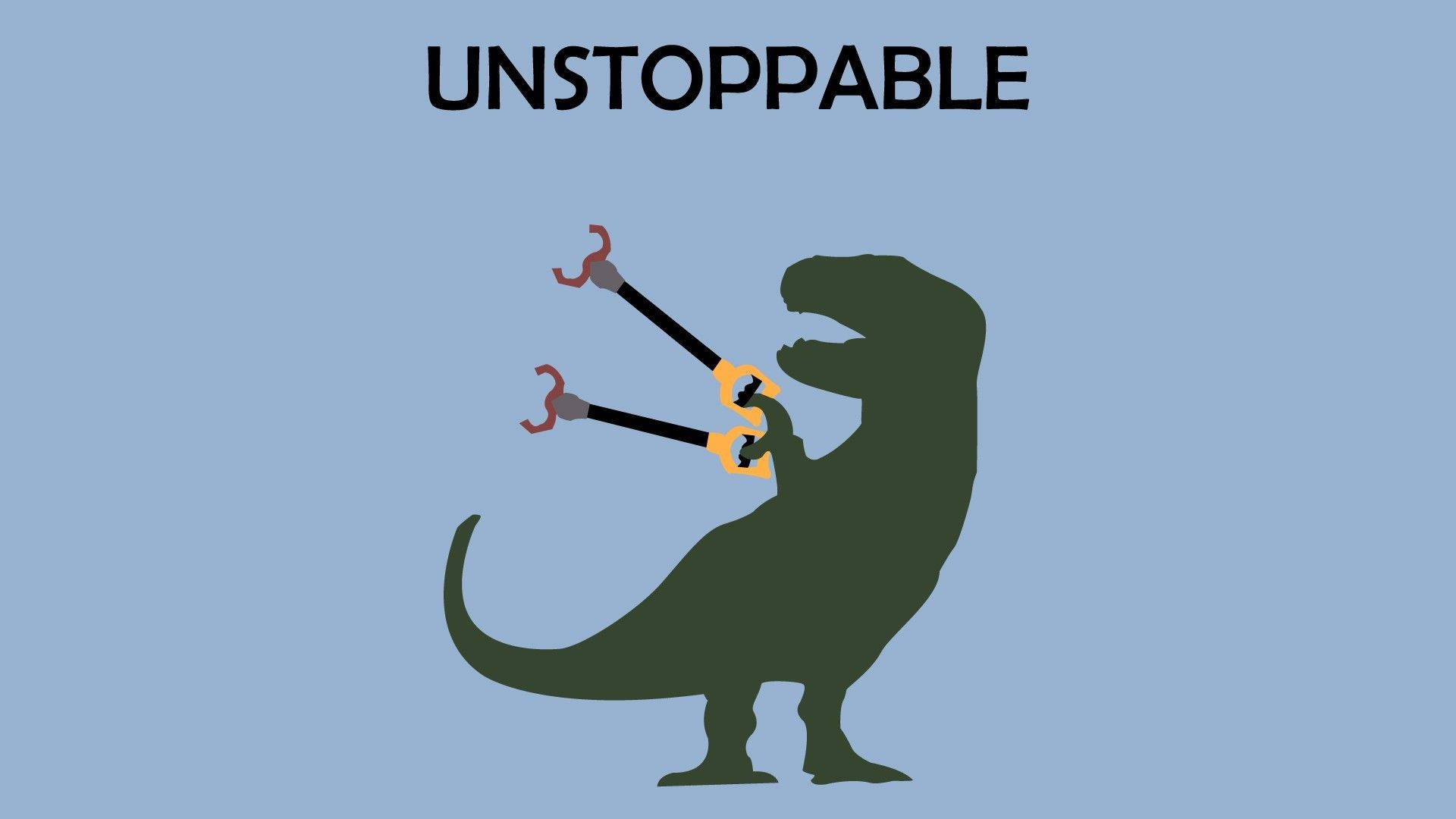 Funny Dinosaur 桌布 壁紙 — 綠色恐龍剪影在淺藍色背景上揮舞抓鉤，上方有「勢不可擋」字樣。