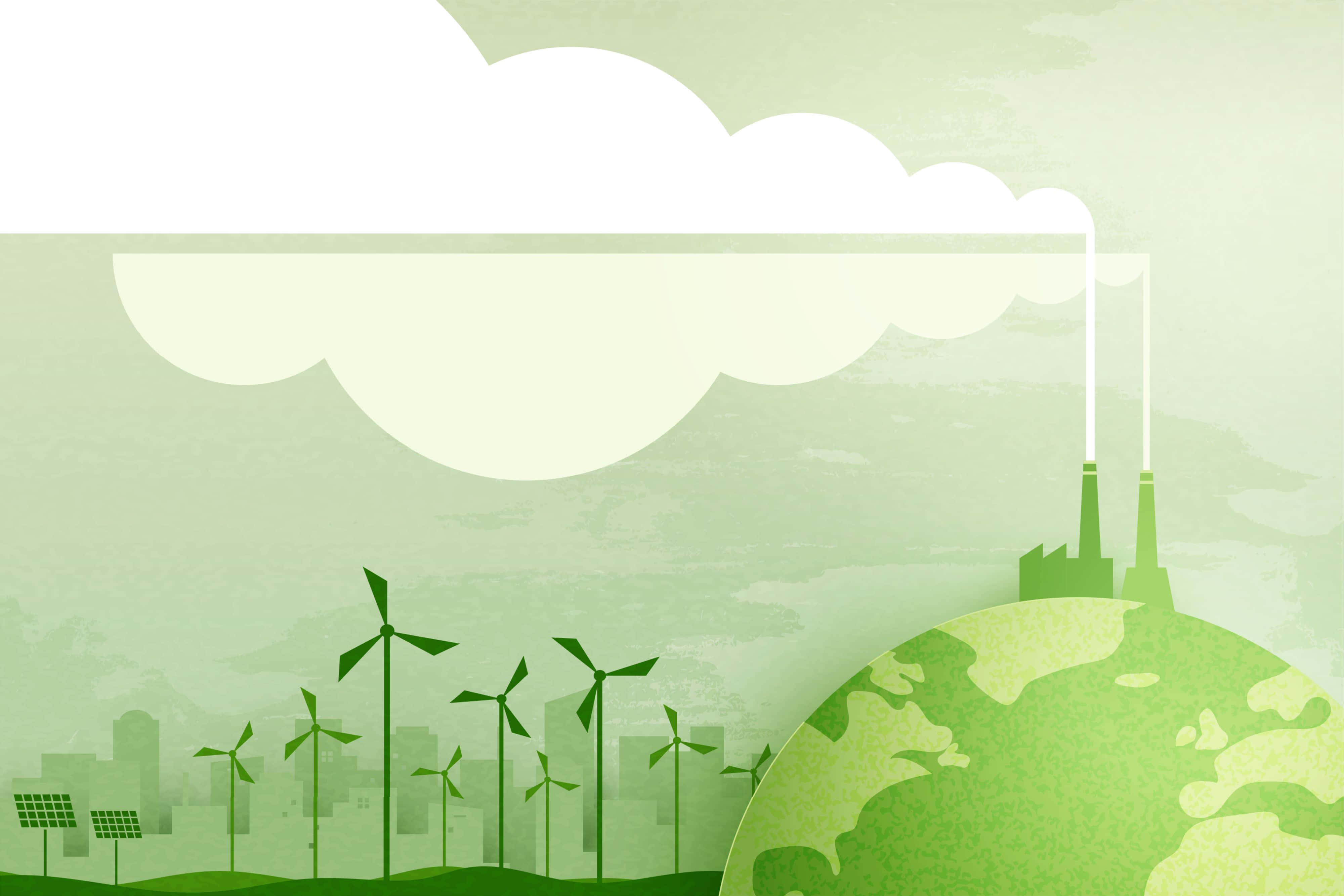 environment 桌布 壁紙 — 綠色插圖地球儀，有風力渦輪機、太陽能電池板和工廠煙囪，在雲下。
