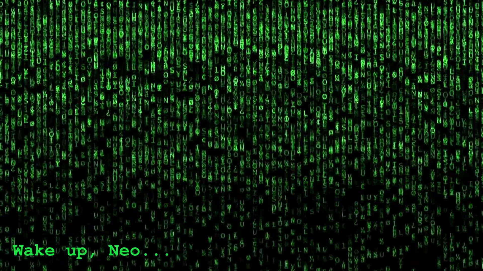 Matrix Zoom 桌布 壁紙 — 綠色數位代碼在黑色背景上如雨般落下，底部有文字「Wake up Neo...」。