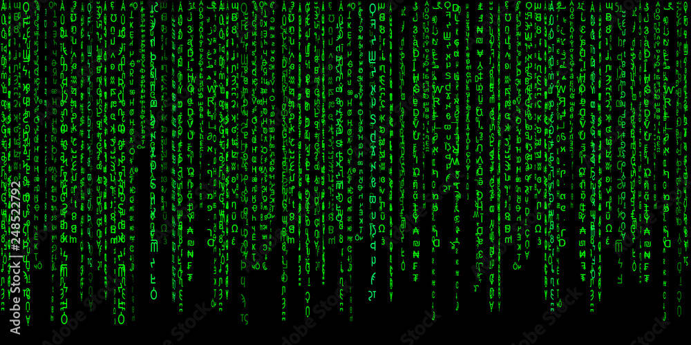 Computer Screen 桌布 壁紙 — 綠色數位代碼流垂直傾瀉在黑色背景上，呈現駭客任務風格的視覺效果。