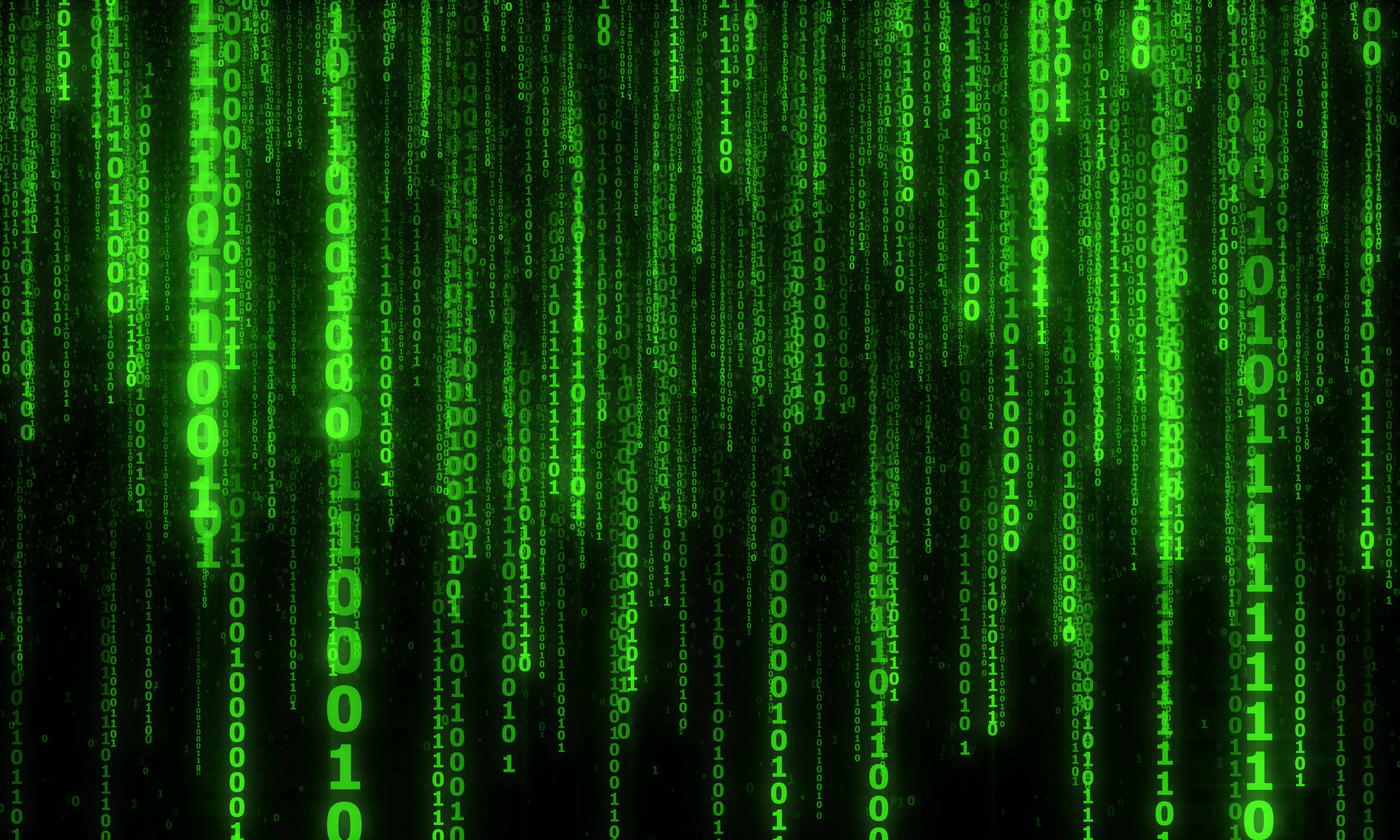 程式碼 桌布 壁紙 — 綠色數位代碼流垂直傾瀉在黑色背景上，呈現 Matrix 風格的視覺效果。